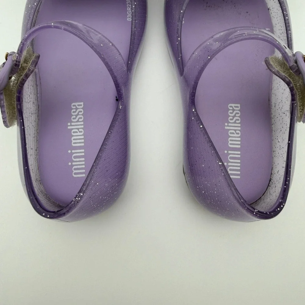 Mini Melissa Kids Ultragirl Purple Glitter Jelly Flats Metallic Bow Shoes Size 7